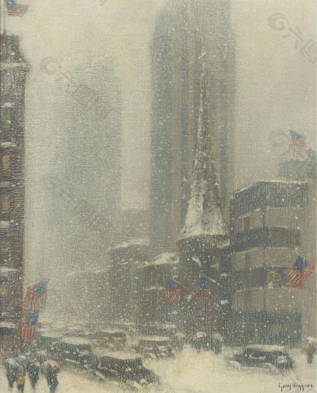 Guy Carleton Wiggins - Heavy Snow Storm on 5th Ave, 1937大师画家风景画静物油画建筑油画装饰画