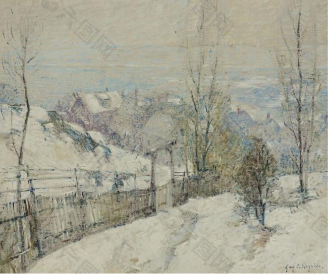 Guy Carleton Wiggins - Lightly Falling Snow, 1917大师画家风景画静物油画建筑油画装饰画