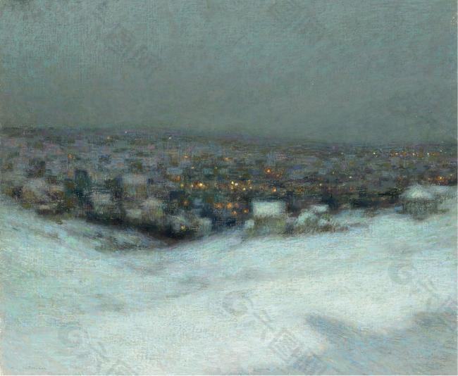 Henri Le Sidaner - Snow under the Moon, 1903大师画家风景画静物油画建筑油画装饰画