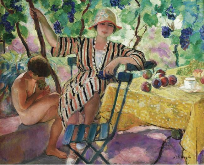 Henri Lebasque - The Garden at Summer (Pierre and Nono under the Grapes), 1920大师画家风景画静物油画建筑油画装饰画