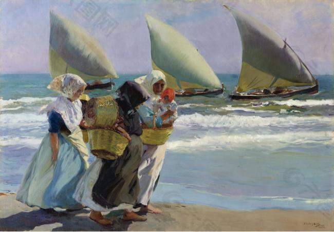 Joaquin Sorolla y Bastida - Three Sails, 1903大师画家风景画静物油画建筑油画装饰画