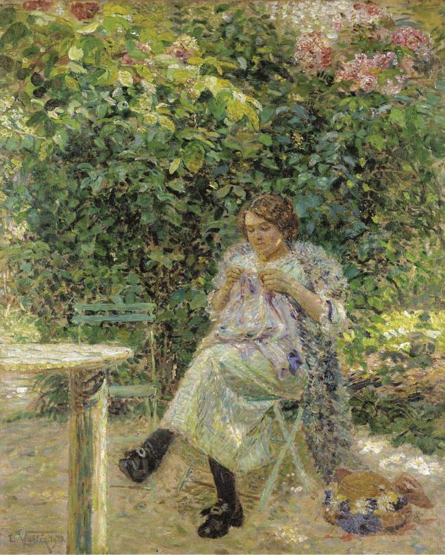 Ludovic Vallee - Sewing Woman Sitting in the Garden, 1913大师画家风景画静物油画建筑油画装饰画