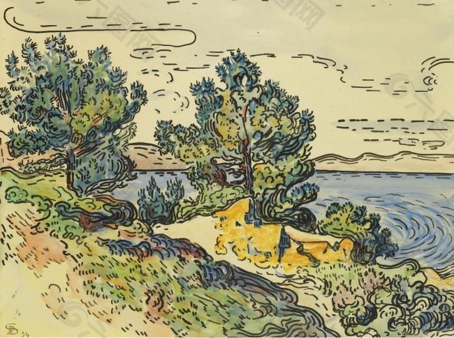 Paul Signac - Landscape of the Seashore with Trees, 1894大师画家风景画静物油画建筑油画装饰画