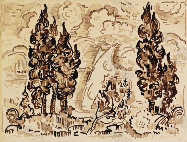 Paul Signac - The Cypresses near the Seabank大师画家风景画静物油画建筑油画装饰画