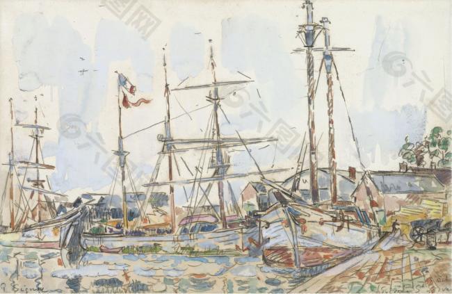 Paul Signac - The Port of Saint-Servan, 1929大师画家风景画静物油画建筑油画装饰画