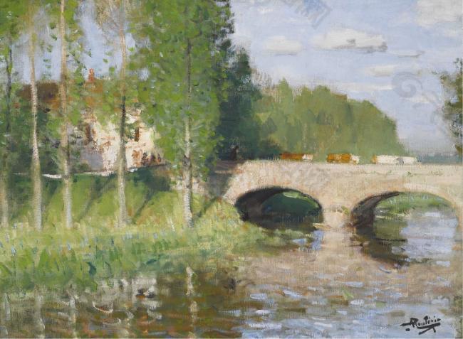 Pierre-Eugene Montezin - Bridge upon the River, Sainte-Gemme-Moronval大师画家风景画静物油画建筑油画装饰画
