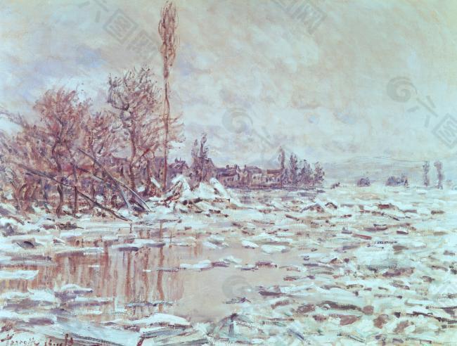 Breakup of Ice, Grey Weather, 1880法国画家克劳德.莫奈oscar claude Monet风景油画装饰画