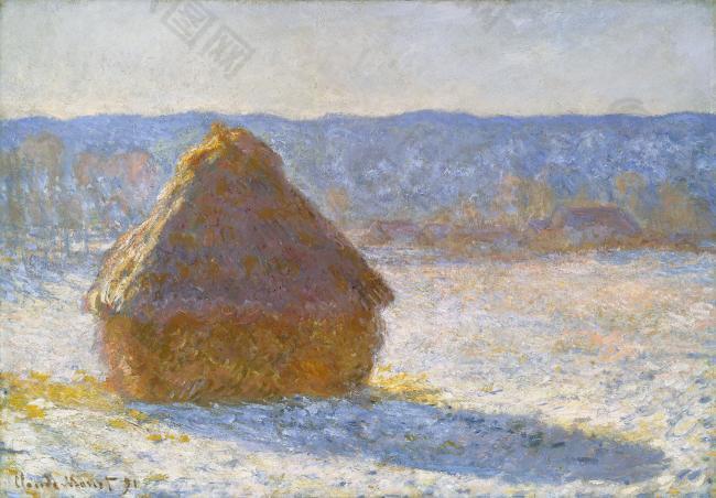 Haystack in the Morning, Snow Effect, 1891法国画家克劳德.莫奈oscar claude Monet风景油画装饰画