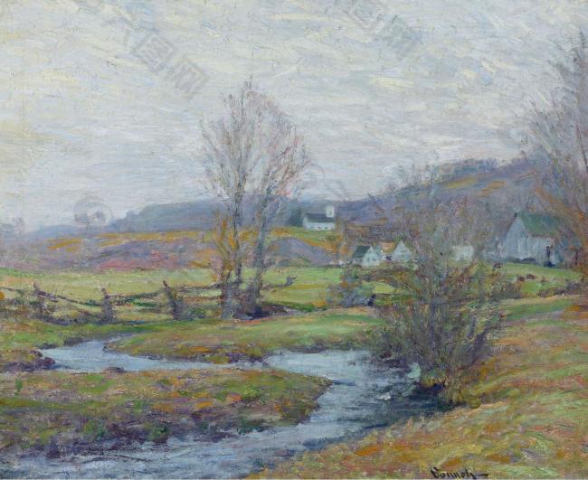 Robert William Vonnoh - Early Spring, Pleasant Valley, Lyme, Connecticut, 1916-17大师画家风景画静物油画建筑油画装饰画