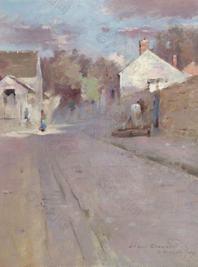 Theodore Robinson - Street in Barbizon, Sunset, 1887大师画家风景画静物油画建筑油画装饰画
