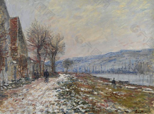 Claude Monet - The Riverbank at Lavacourt, Snow, 1879法国画家克劳德.莫奈oscar claude Monet风景油画装饰画