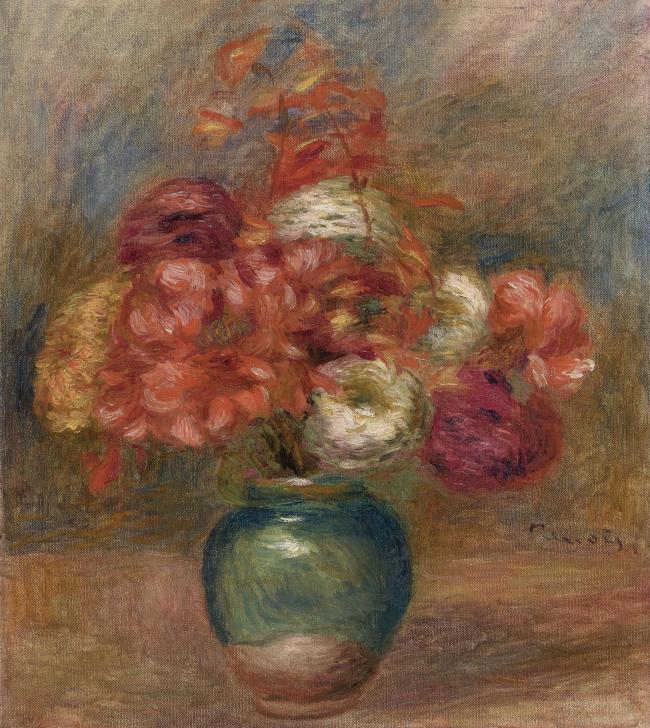 Pierre Auguste Renoir - Bouquet of Flowers in Green Vase法国画家皮埃尔奥古斯特雷诺阿Pierre Auguste Renoir印象派人物油画