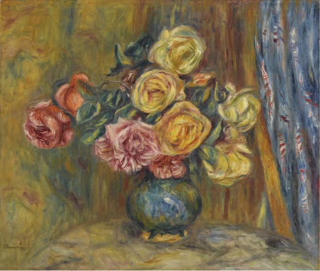 Pierre Auguste Renoir - Roses with Blue Curtain, 1912法国画家皮埃尔奥古斯特雷诺阿Pierre Auguste Renoir印象派人物油画