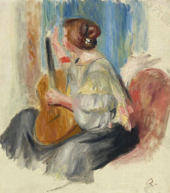 Pierre Auguste Renoir - Woman with Guitar, 1895-97法国画家皮埃尔奥古斯特雷诺阿Pierre Auguste Renoir印象派人物油画