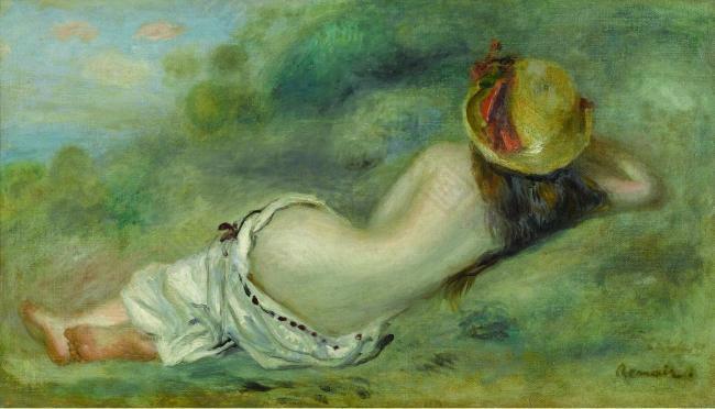 Pierre Auguste Renoir - Bather in Hat Laying on the Grass, 1892法国画家皮埃尔奥古斯特雷诺阿Pierre Auguste Renoir印象