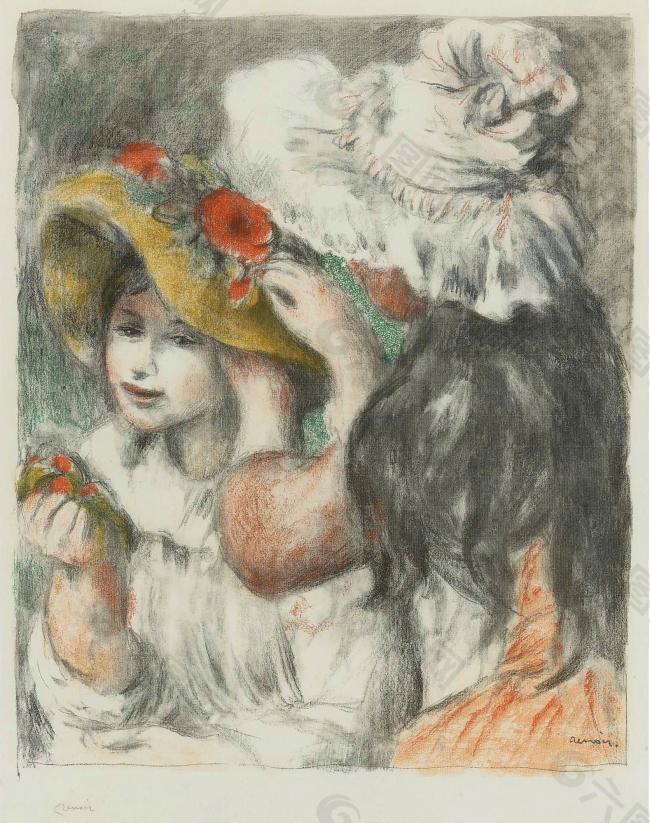 Pierre Auguste Renoir - The Hatpin, 1898法国画家皮埃尔奥古斯特雷诺阿Pierre Auguste Renoir印象派人物油画