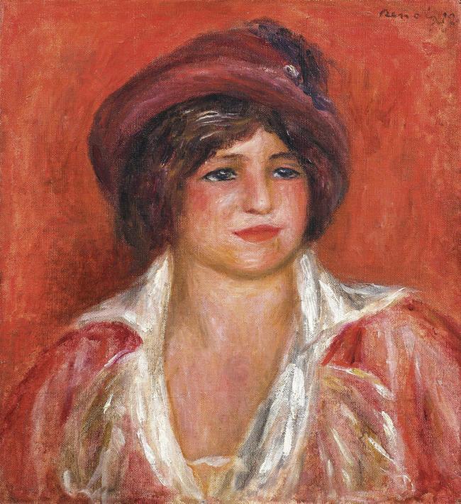 Pierre Auguste Renoir - Young Woman in Hat, 1912法国画家皮埃尔奥古斯特雷诺阿Pierre Auguste Renoir印象派人物油画