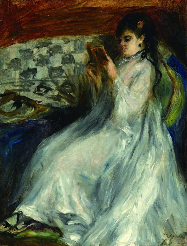 Pierre Auguste Renoir - Young Woman in White Reading, 1873法国画家皮埃尔奥古斯特雷诺阿Pierre Auguste Renoir印象派人物油画