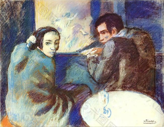 1902 Dans un cabaret西班牙画家巴勃罗毕加索抽象油画人物人体油画装饰画