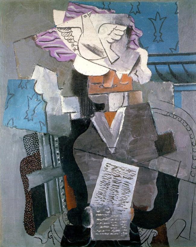 1915 Femme au chapeau de velours dans un fauteuil et colombe西班牙画家巴勃罗毕加索抽象油画人物人体油画装饰画