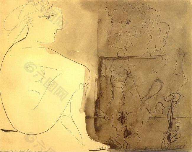 1933 Nu accroupi et Minotaure西班牙画家巴勃罗毕加索抽象油画人物人体油画装饰画