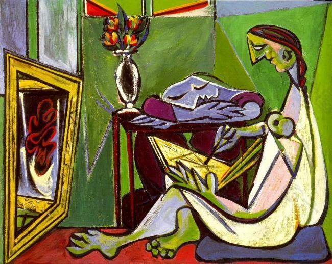 1935 La muse [Jeune femme dessinant dans un int淇絠eur]西班牙画家巴勃罗毕加索抽象油画人物人体油画装饰画