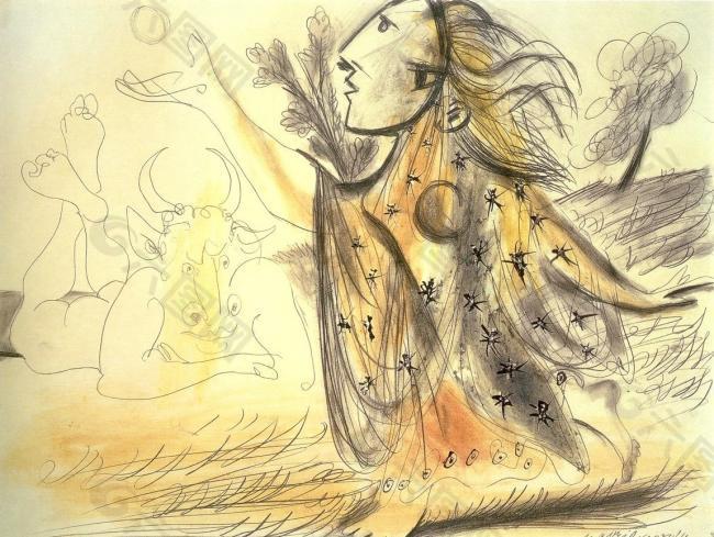 1936 Composition (Minotaure et femme)西班牙画家巴勃罗毕加索抽象油画人物人体油画装饰画
