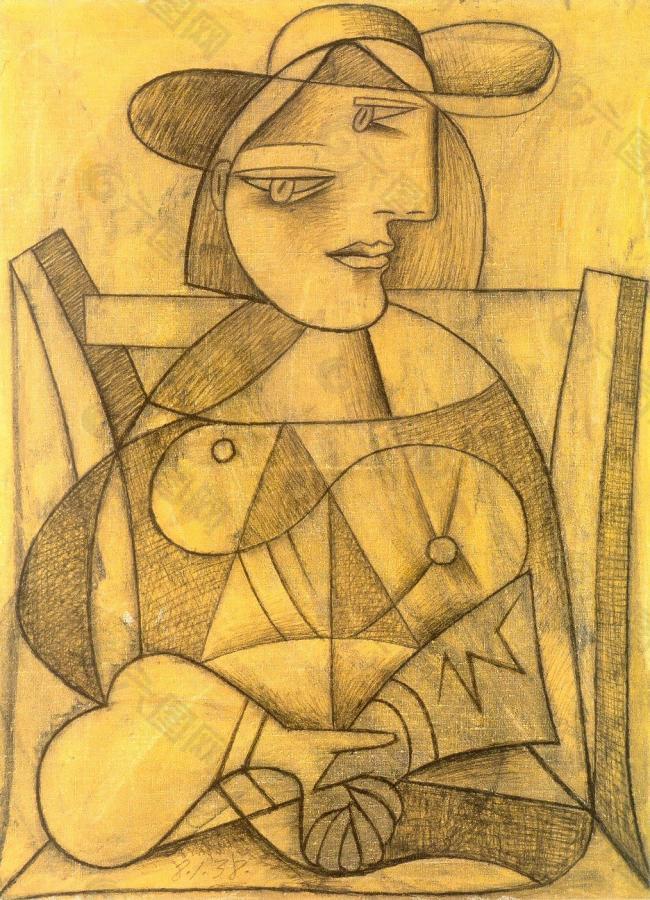 1938 Femme aux mains jointes西班牙画家巴勃罗毕加索抽象油画人物人体油画装饰画
