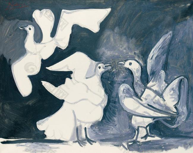 1960 Trois pigeons西班牙画家巴勃罗毕加索抽象油画人物人体油画装饰画