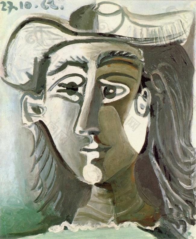 1962 T鍧眅 de femme au chapeau西班牙画家巴勃罗毕加索抽象油画人物人体油画装饰画
