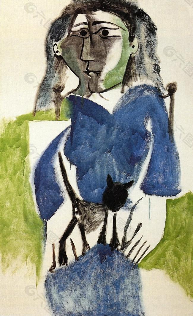 1964 Femme au chat noir, robe bleue西班牙画家巴勃罗毕加索抽象油画人物人体油画装饰画