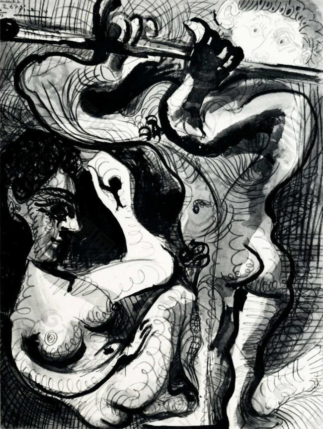 1967 Nu assis et flutiste 2西班牙画家巴勃罗毕加索抽象油画人物人体油画装饰画