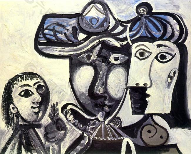 1969 Homme, femme et enfant西班牙画家巴勃罗毕加索抽象油画人物人体油画装饰画