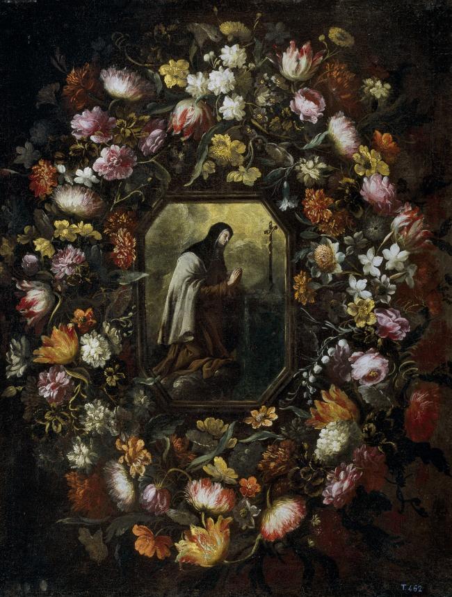 Perez, Bartolome - Guirnalda de flores con Santa Teresa de Jesus, Ca. 1676大师画家静物画静物油画植物油画水果油画装饰画