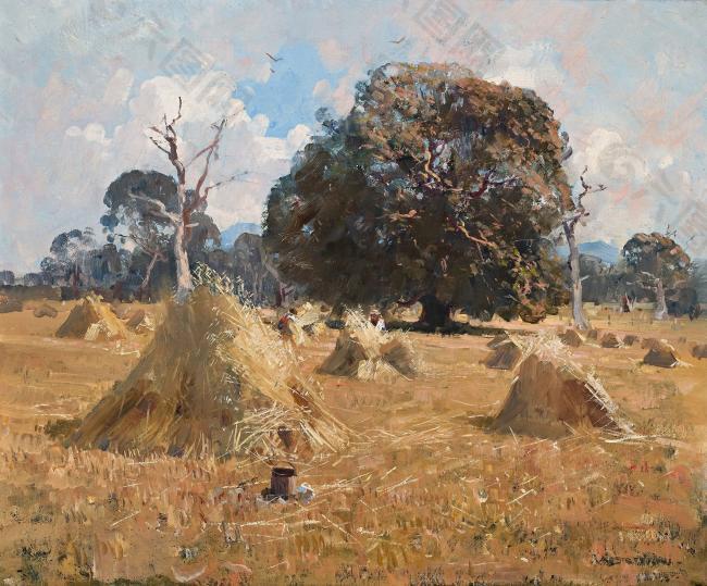 Arthur Streeton - Oat Harvest澳大利亚画家Arthur Streeton印象派风景油画装饰画