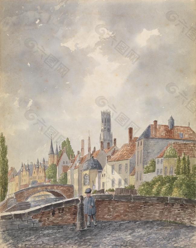 Auguste de Peellaert - Bruges 1西方经典大师油画家洛可可艺术古典建筑装饰画油画