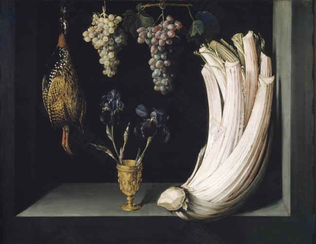 Ramirez, Felipe - Bodegon con cardo, francolin, uvas y lirios, 1628水果疏菜静物油画超写实主义油画静物