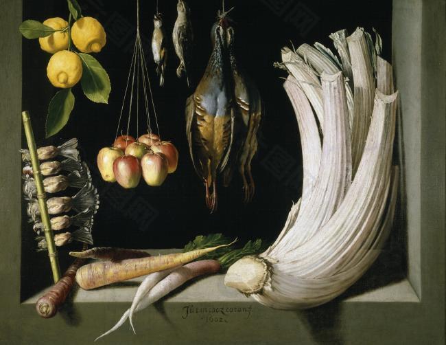 Sanchez Cotan, Juan - Still Life with Game, Vegetables and Fruit, 1602水果疏菜静物油画超写实主义油画静物