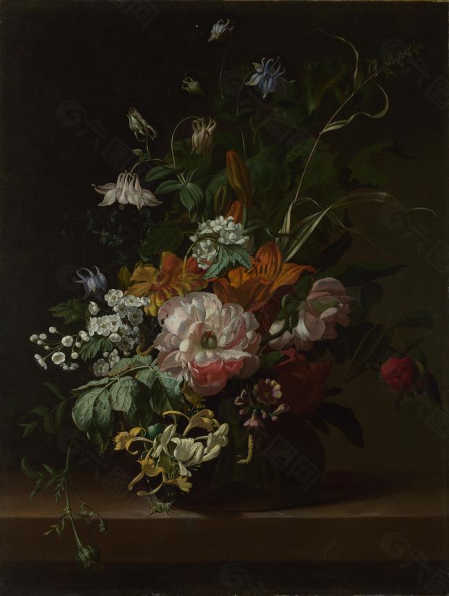 Rachel Ruysch - Flowers in a Vase花卉水果蔬菜器皿静物印象画派写实主义油画装饰画