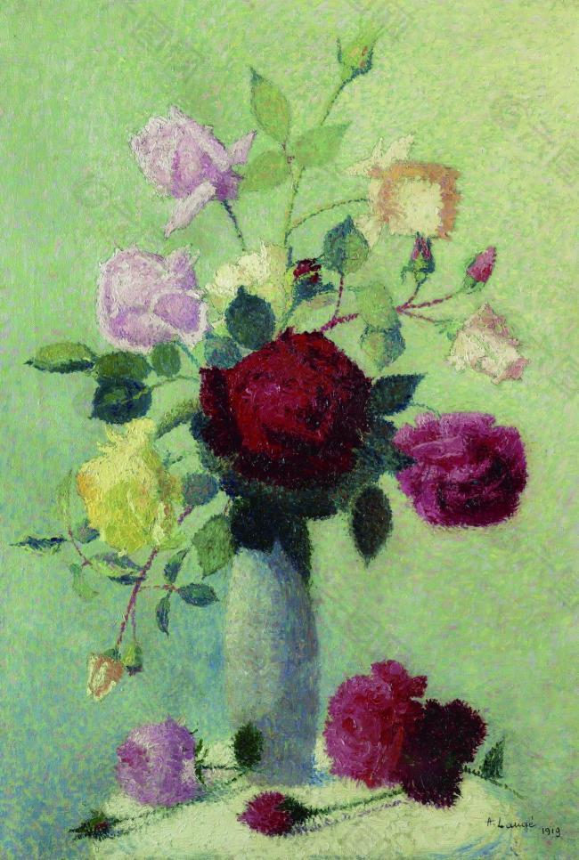 Achille Lauge - Vase with Roses, 1919花卉水果蔬菜器皿静物印象画派写实主义油画装饰画