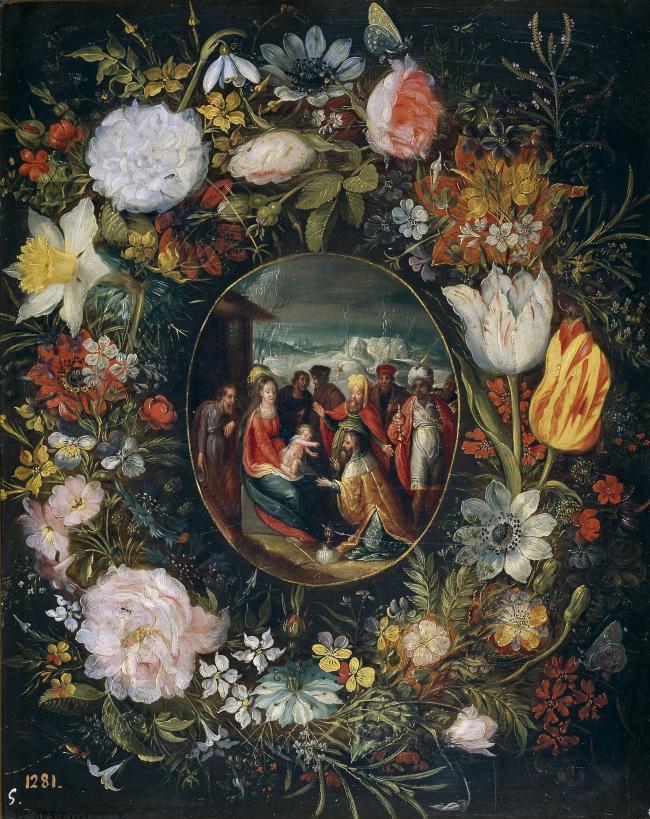 Brueghel el Joven, Pieter - Guirnalda con la Adoracion de los Reyes Magos花卉水果蔬菜器皿静物印象画派写实主义油画装饰画