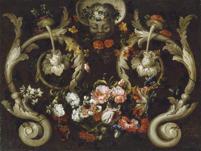 Corte, Gabriel de la - Mascaron con rosas y tulipanes, 1670-80花卉水果蔬菜器皿静物印象画派写实主义油画装饰画