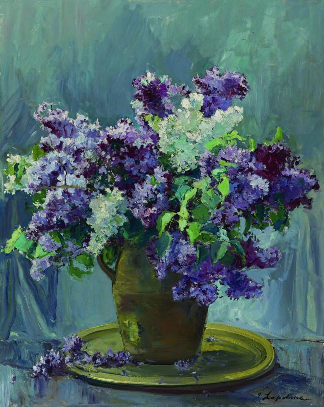 Georgy Lapchin - Vase of Lilacs花卉水果蔬菜器皿静物印象画派写实主义油画装饰画