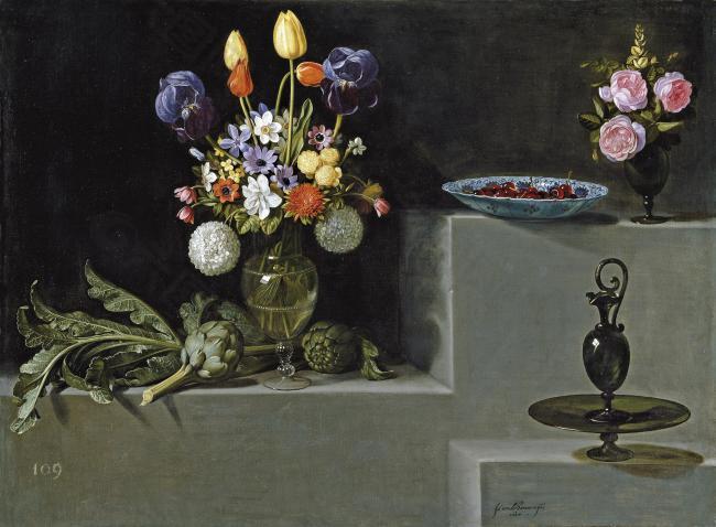 Hamen y Leon, Juan van der - Still life with Artichokes, Flowers and Glass Vessels, 1627花卉水果蔬菜器皿静物印象