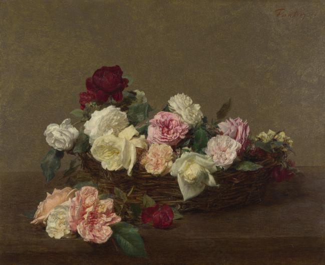 Ignace-Henri-Th茅odore Fantin-Latour - A Basket of Roses花卉水果蔬菜器皿静物印象画派写实主义油画装饰画