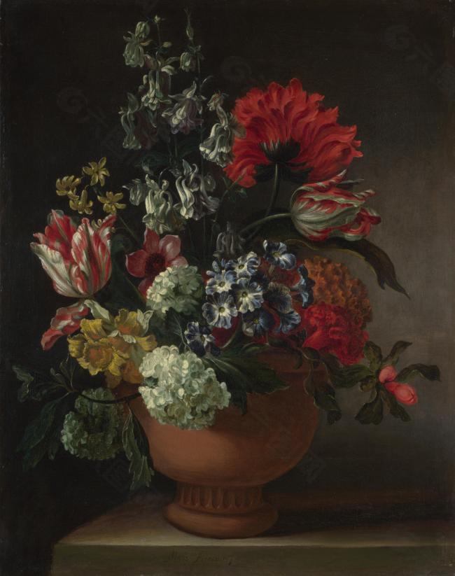 Marie Blancour - A Bowl of Flowers花卉水果蔬菜器皿静物印象画派写实主义油画装饰画