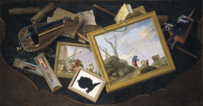 Flipart, Charles Joseph - Mesa revuelta con pinturas, zanfonia, libros y otros objetos en trampantoj