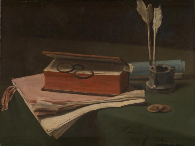 Francois Bonvin - Still Life with Book, Papers and Inkwell静物植物动物食物家禽水果印象派写实主义油画装饰画