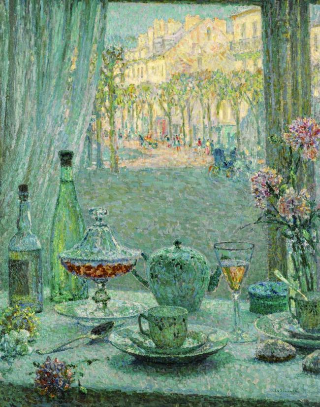 Henri Le Sidaner - Table near the Window, Reflections, 1922静物植物动物食物家禽水果印象派写实主义油画装饰画