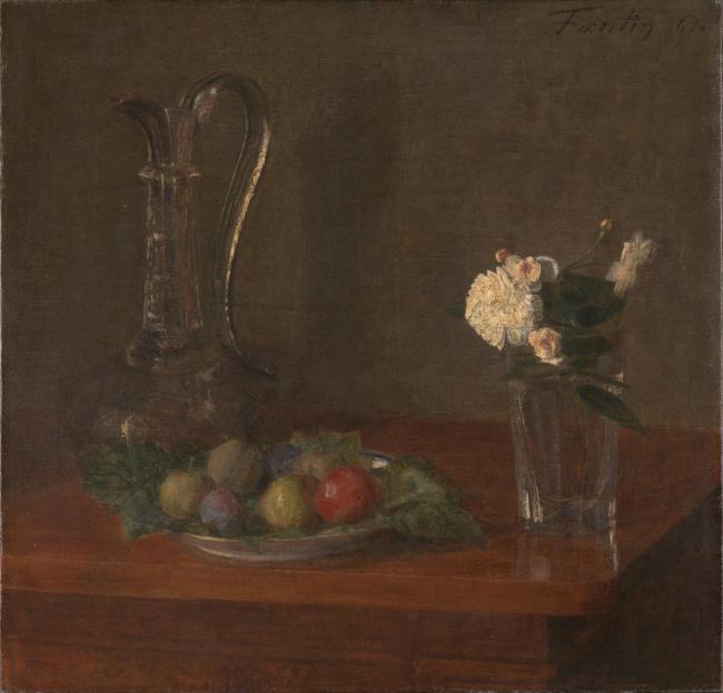 Ignace-Henri-Th茅odore Fantin-Latour - Still Life with Glass Jug, Fruit and Flowers静物植物动物食物家禽水果印象派写实主